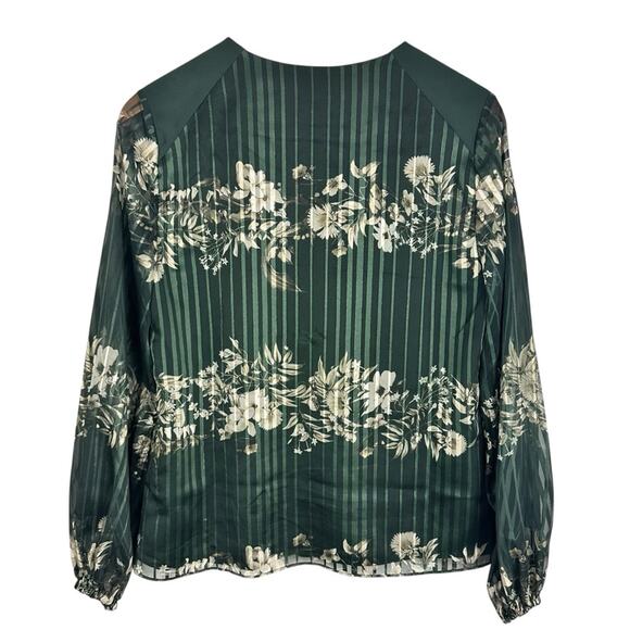 Ted Baker Evelin Floral Print Metallic Crepe Long Sheer Sleeve Green Blouse Sz 4 - Picture 11 of 15